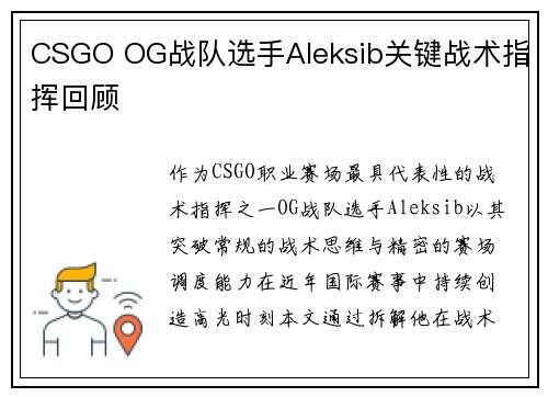 CSGO OG战队选手Aleksib关键战术指挥回顾